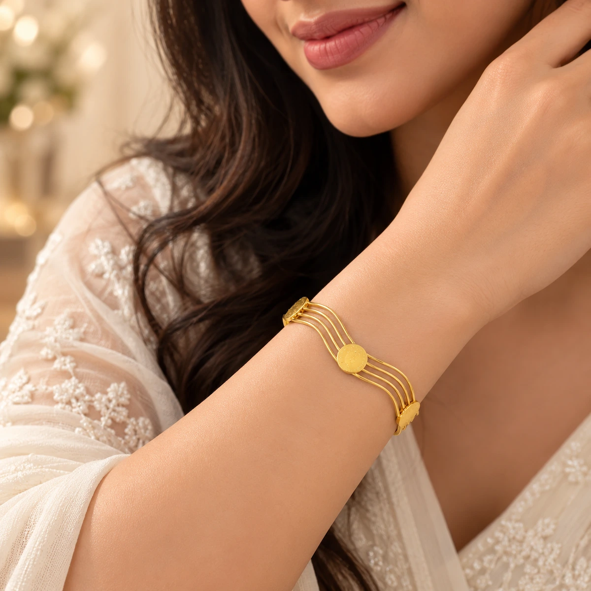 Gold Tone Multi-Line Designer Bangle for Women