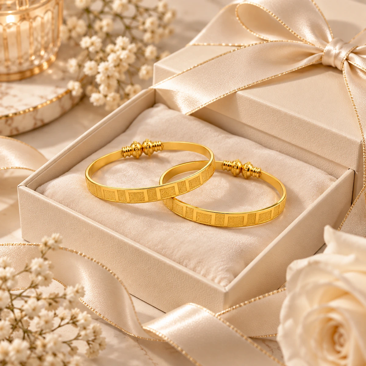 Gold Tone Geometric Textured Bangle Set for Women - Set of 2