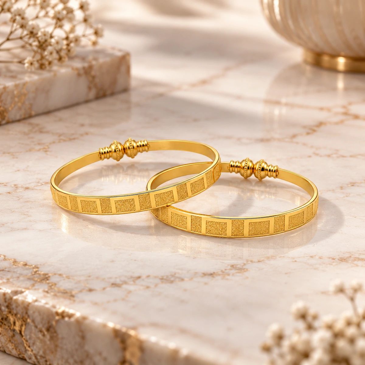 Gold Tone Geometric Textured Bangle Set for Women - Set of 2