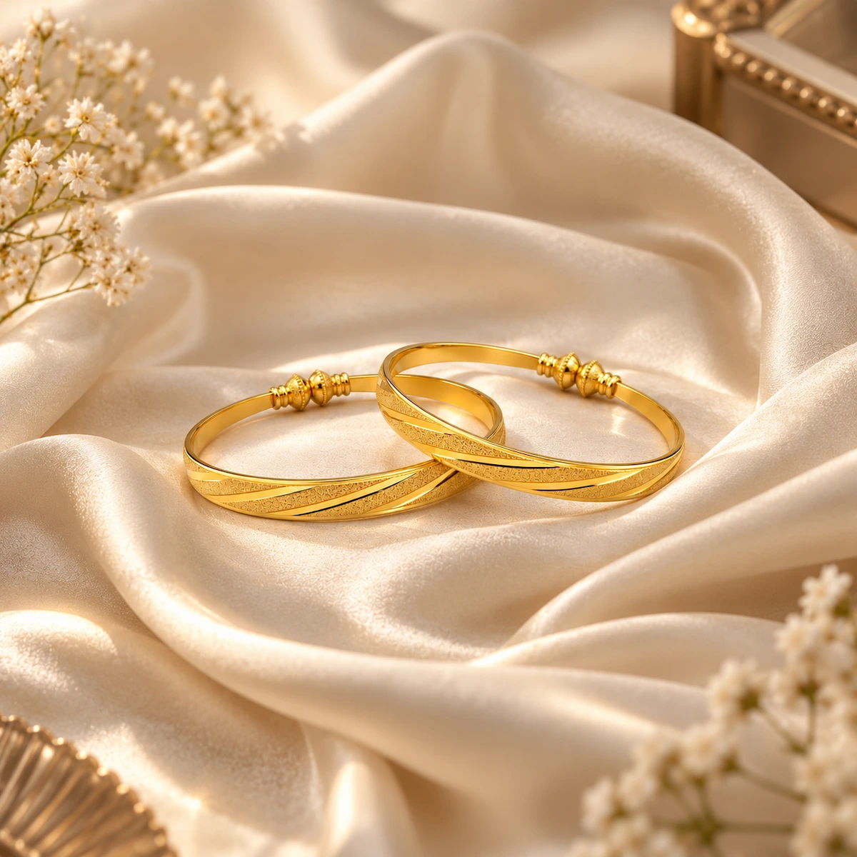 Gold Tone Diagonal Textured Bangle Set for Women - Set of 2