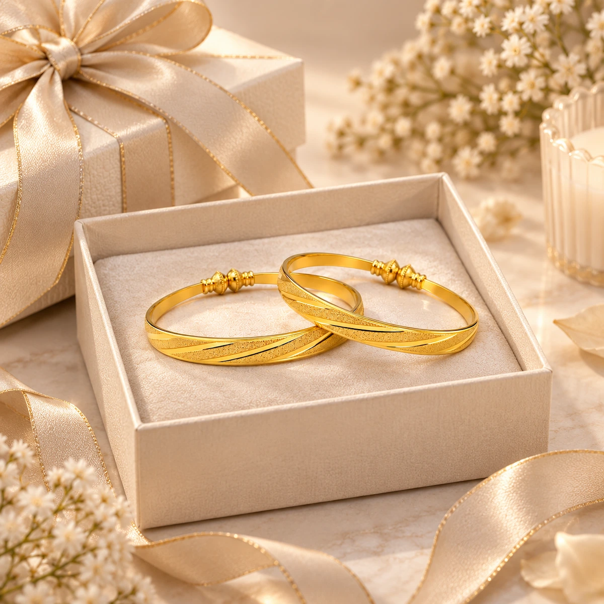 Gold Tone Diagonal Textured Bangle Set for Women - Set of 2