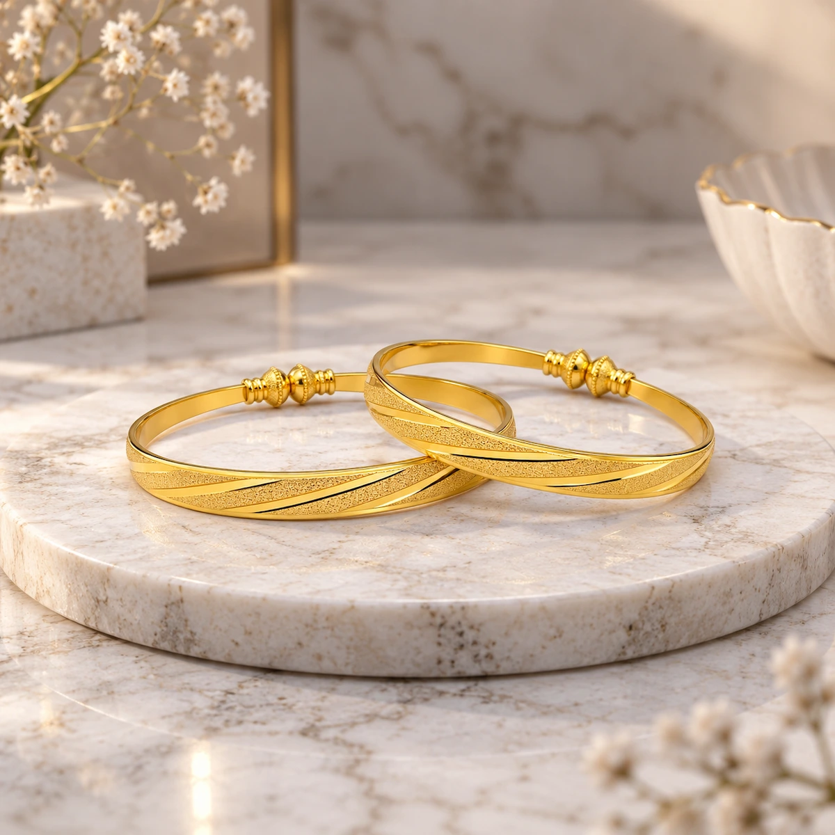 Gold Tone Diagonal Textured Bangle Set for Women - Set of 2