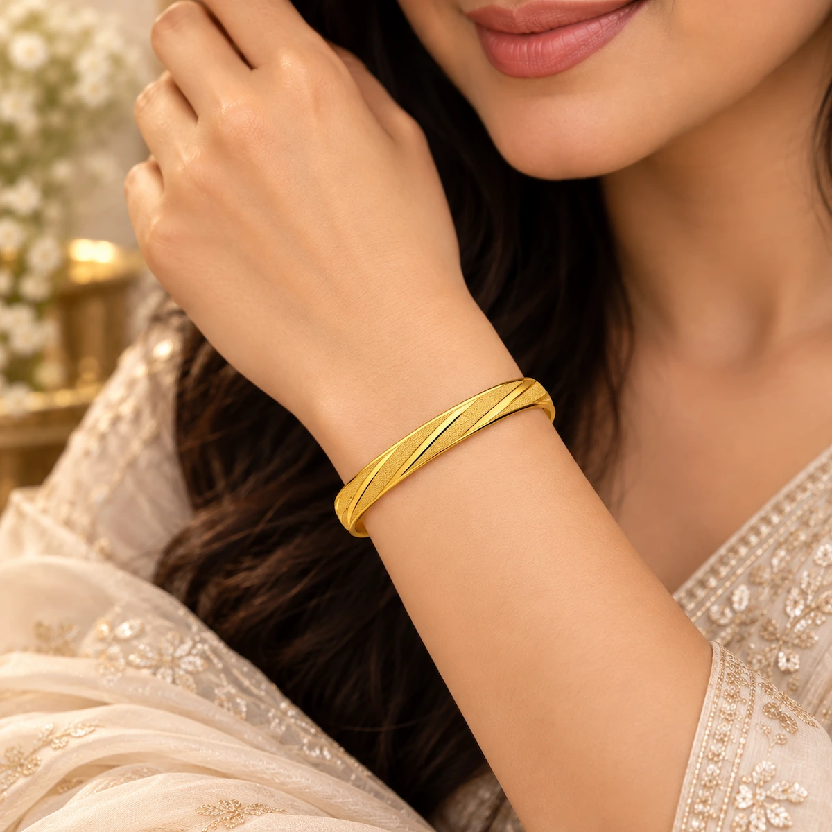Gold Tone Diagonal Textured Bangle Set for Women - Set of 2