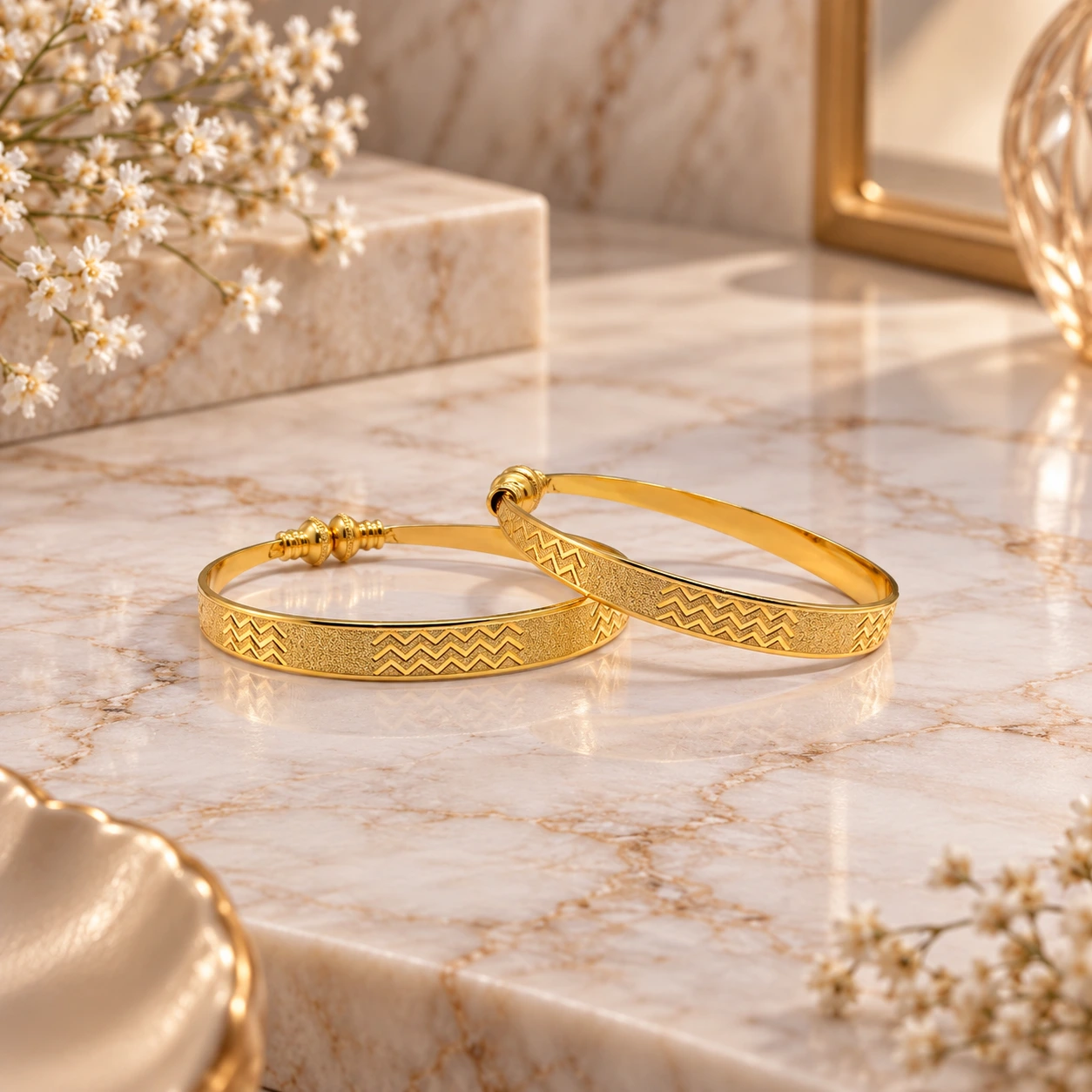 Gold Tone Chevron Pattern Designer Bangle Set for Women - Set of 2