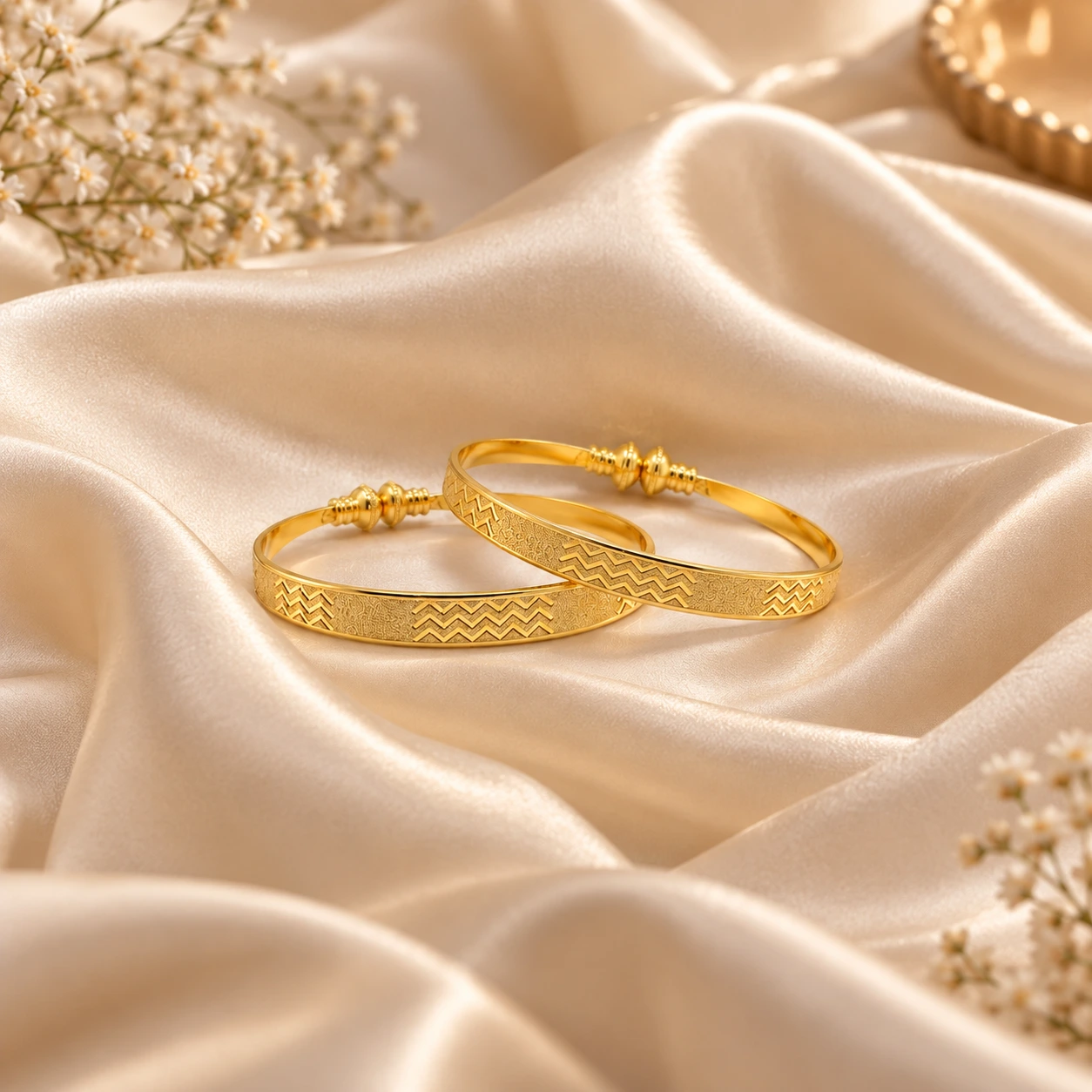 Gold Tone Chevron Pattern Designer Bangle Set for Women - Set of 2