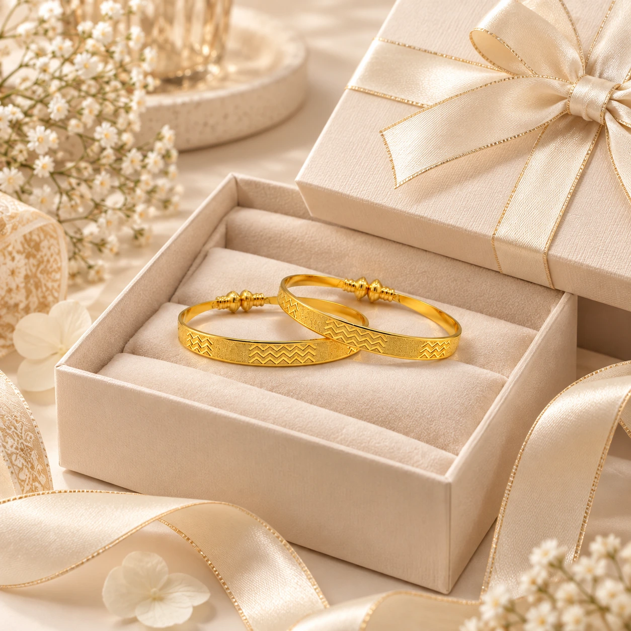 Gold Tone Chevron Pattern Designer Bangle Set for Women - Set of 2