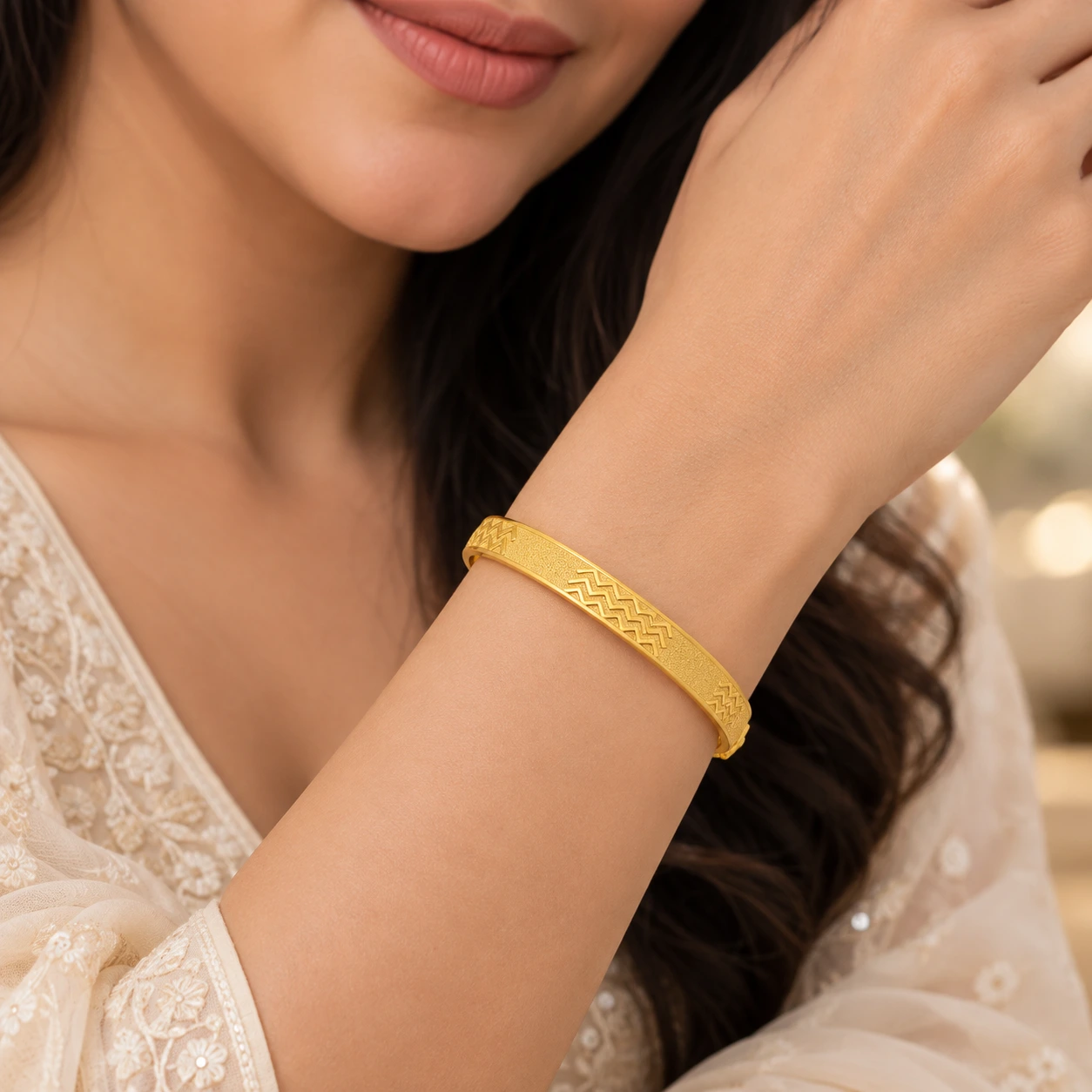 Gold Tone Chevron Pattern Designer Bangle Set for Women - Set of 2